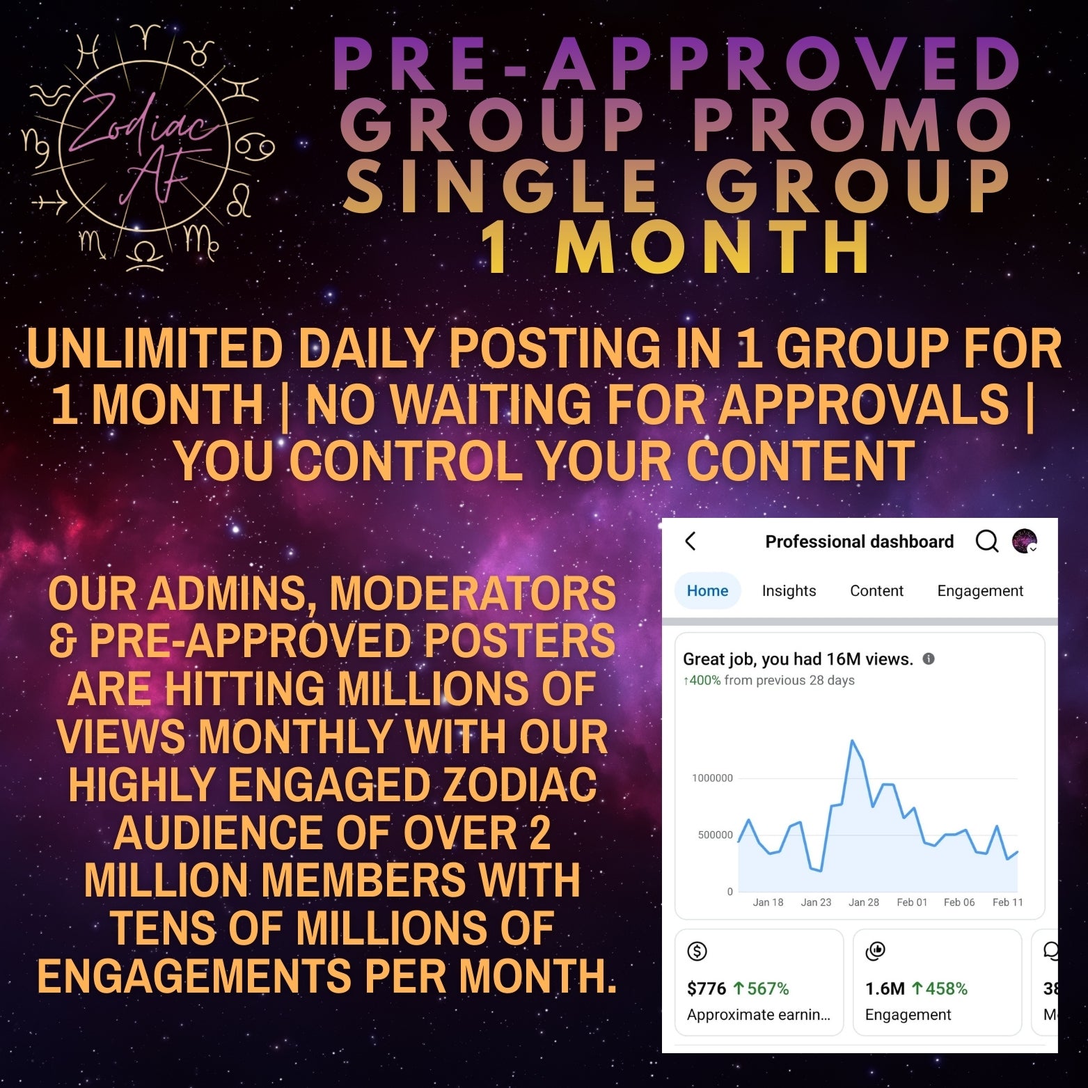 Single Group | 1 Month | Zodiac AF Pre-Approved Poster Access
