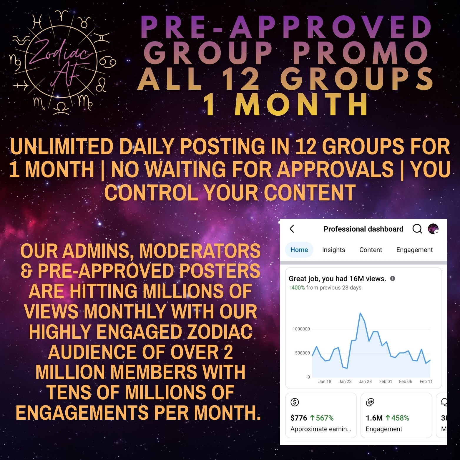 12 Groups | 1 Month | Zodiac AF Pre-Approved Poster Access