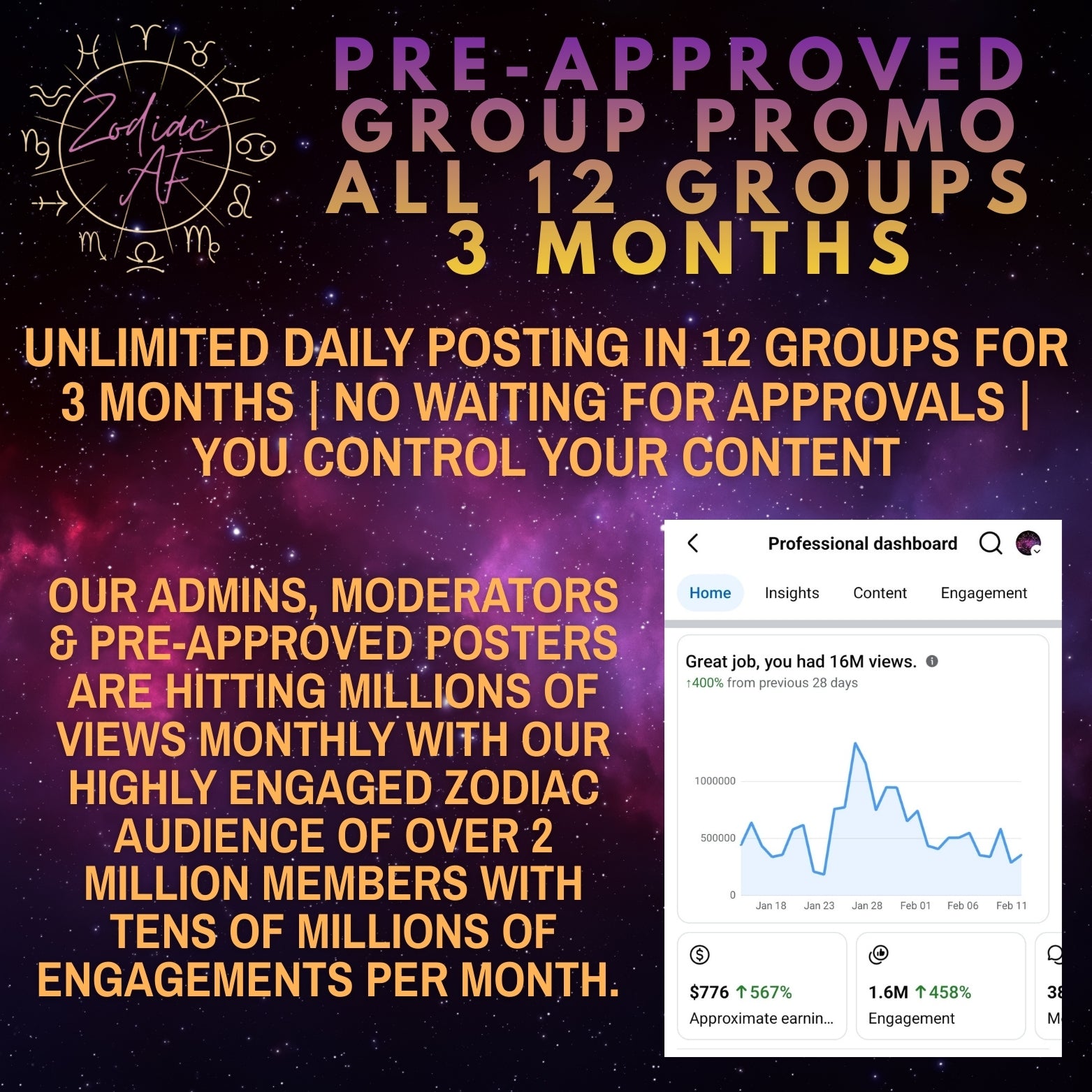 12 Groups | 3 Months | Zodiac AF Pre-Approved Poster Access