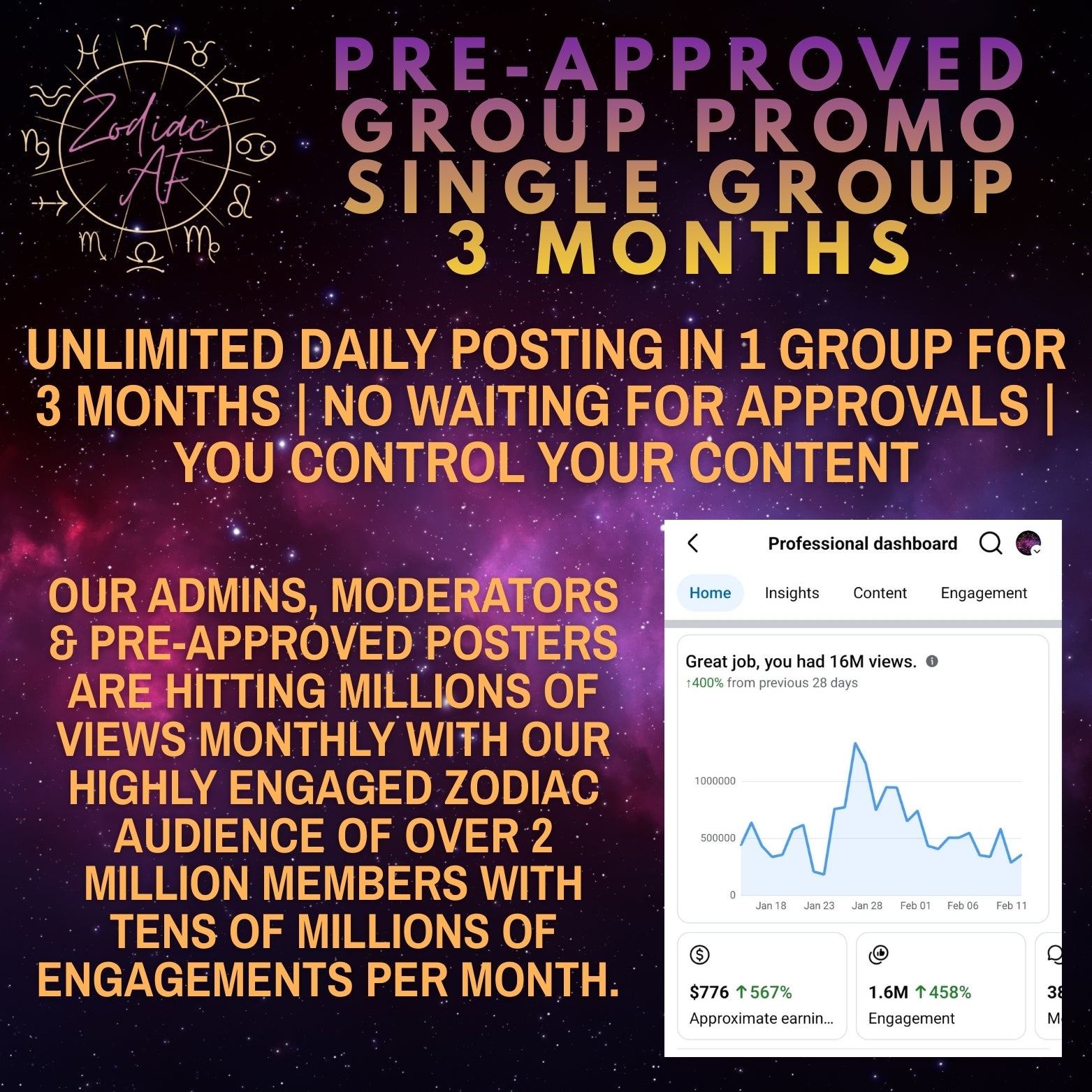 Single Group | 3 Months | Zodiac AF Pre-Approved Poster Access